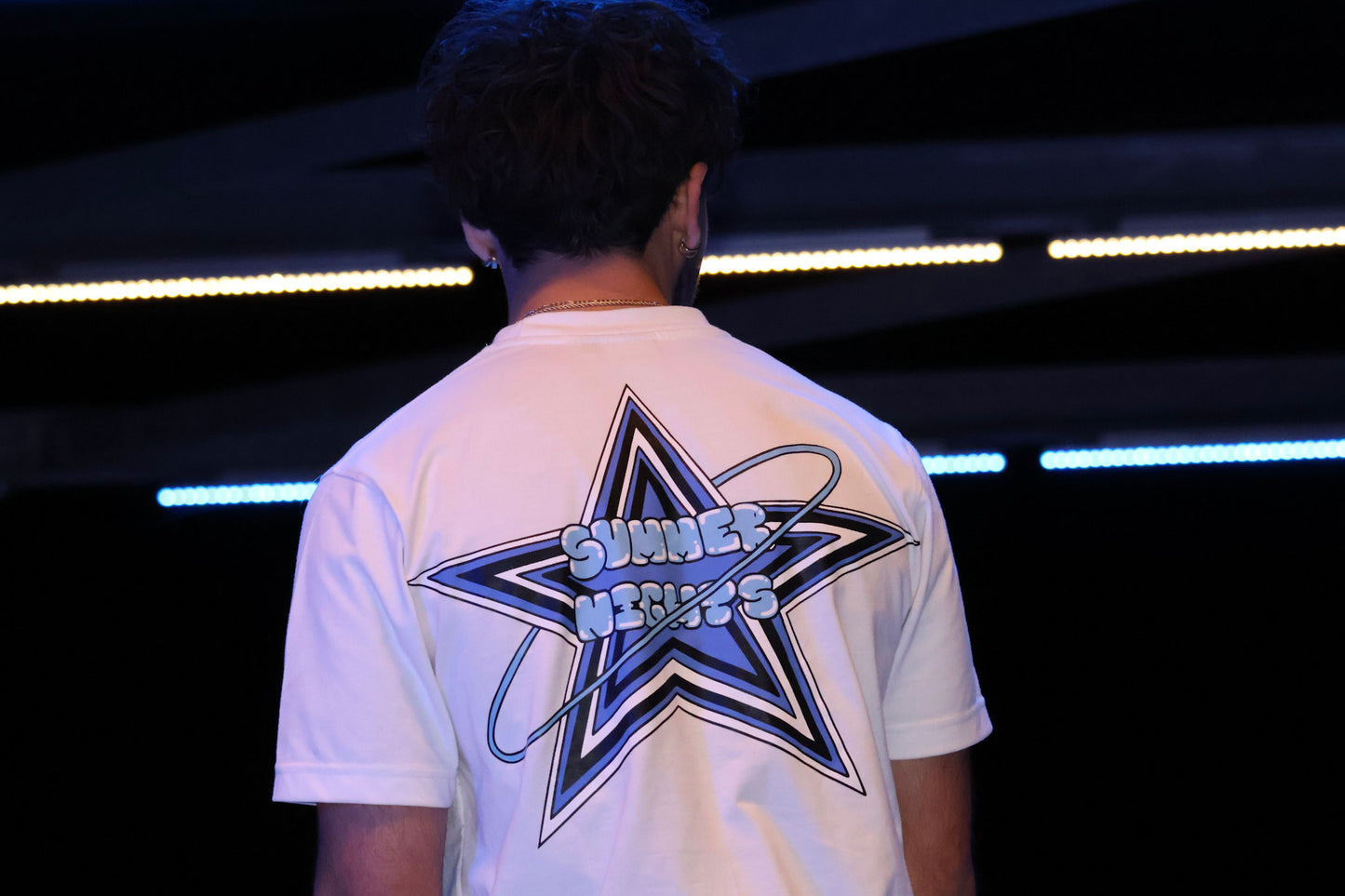 Summer Nights Star Logo Cropped Graphic Tee - Blue & White - Casual T-Shirt for Men & Women