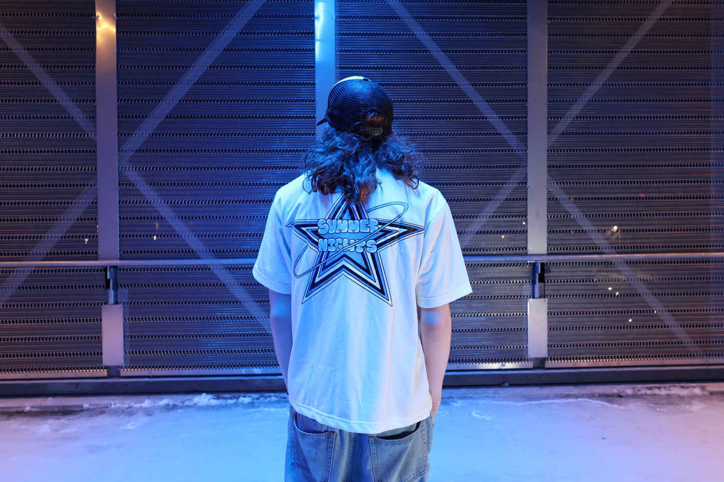 Summer Nights Star Logo Cropped Graphic Tee - Blue & White - Casual T-Shirt for Men & Women