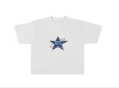 Summer Nights Star Logo Cropped Graphic Tee - Blue & White - Casual T-Shirt for Men & Women