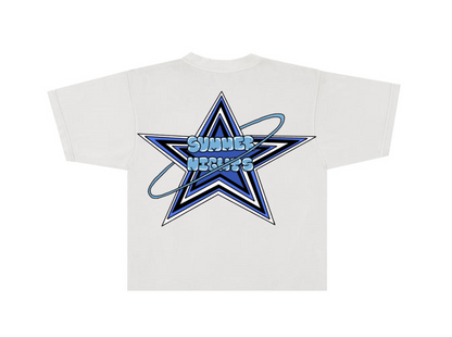 Summer Nights Star Logo Cropped Graphic Tee - Blue & White - Casual T-Shirt for Men & Women