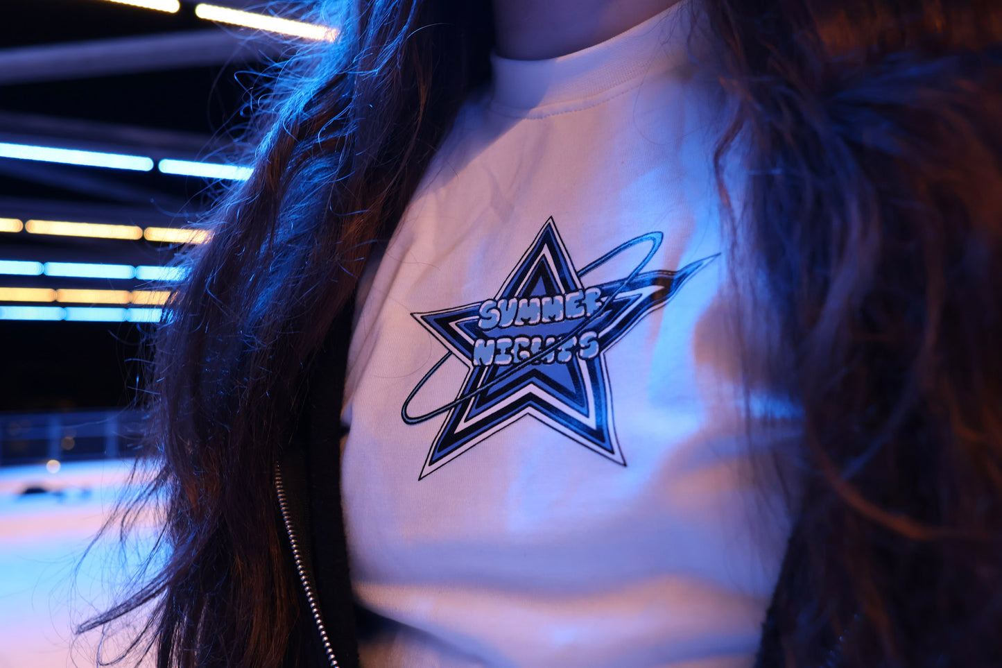 Summer Nights Star Logo Cropped Graphic Tee - Blue & White - Casual T-Shirt for Men & Women