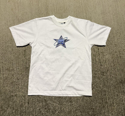 Summer Nights Star Logo Cropped Graphic Tee - Blue & White - Casual T-Shirt for Men & Women