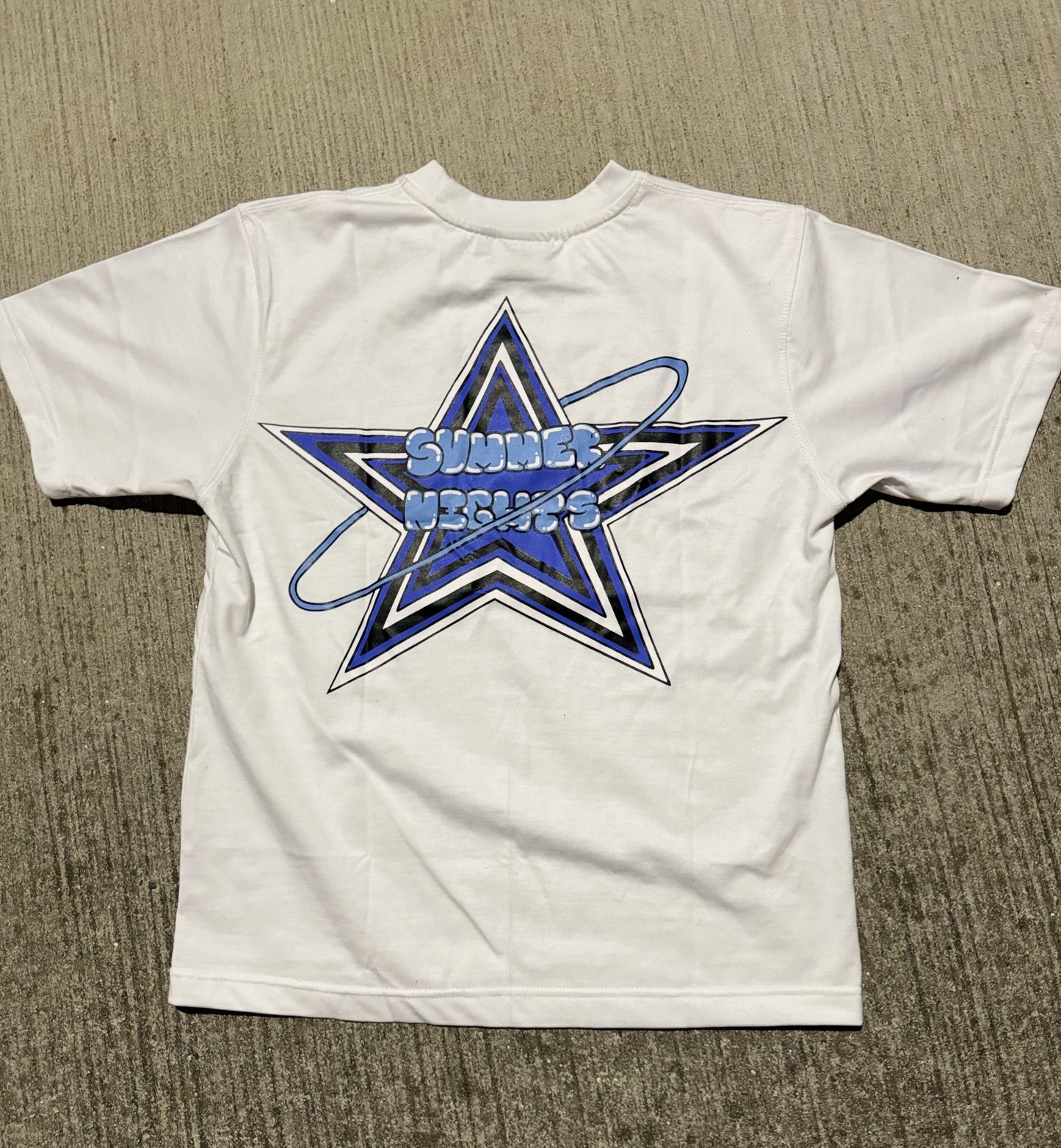 Summer Nights Star Logo Cropped Graphic Tee - Blue & White - Casual T-Shirt for Men & Women